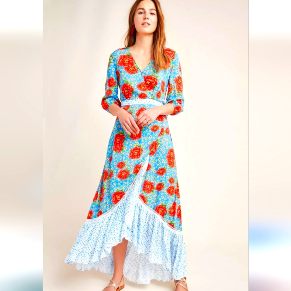 FARM Rio Blue and Red Floral Maxi Dress